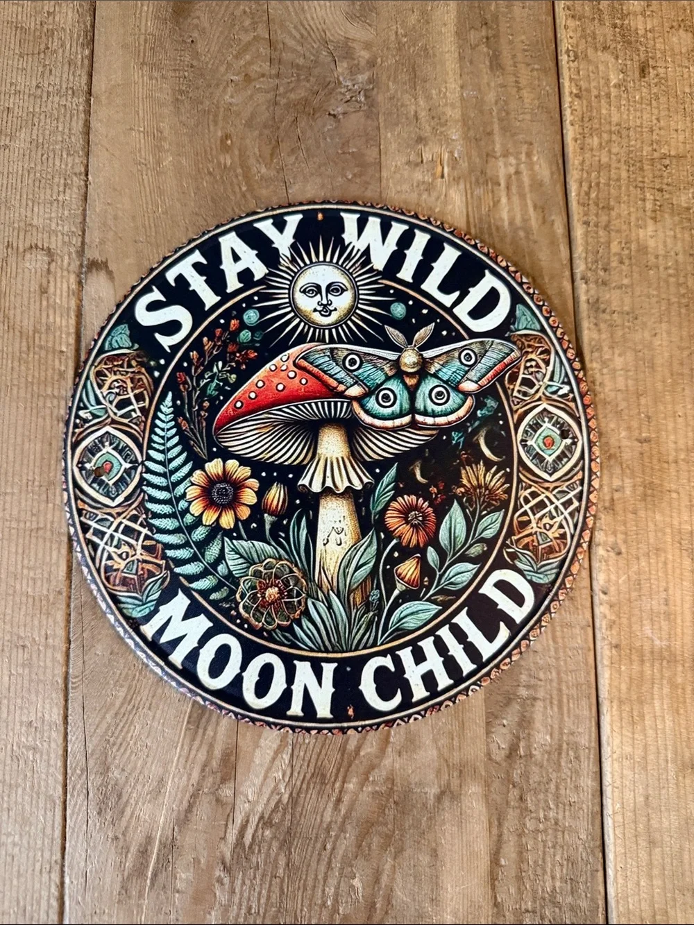 Stay Wild Moon Child Decorative Round Wall Art - Multicolor Mushroom Motif